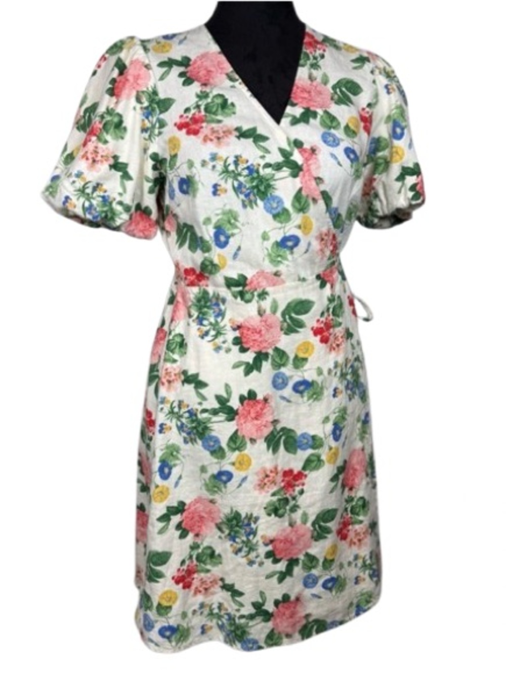 Old Navy White Floral Wrap Dress with Pink, Blue, Green and Yellow Flowers
